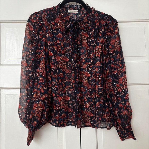 Ulla Johnson Silk Floral Long Sleeve Metallic Edith Blouse Size 2 Small Navy Top - Picture 6 of 16
